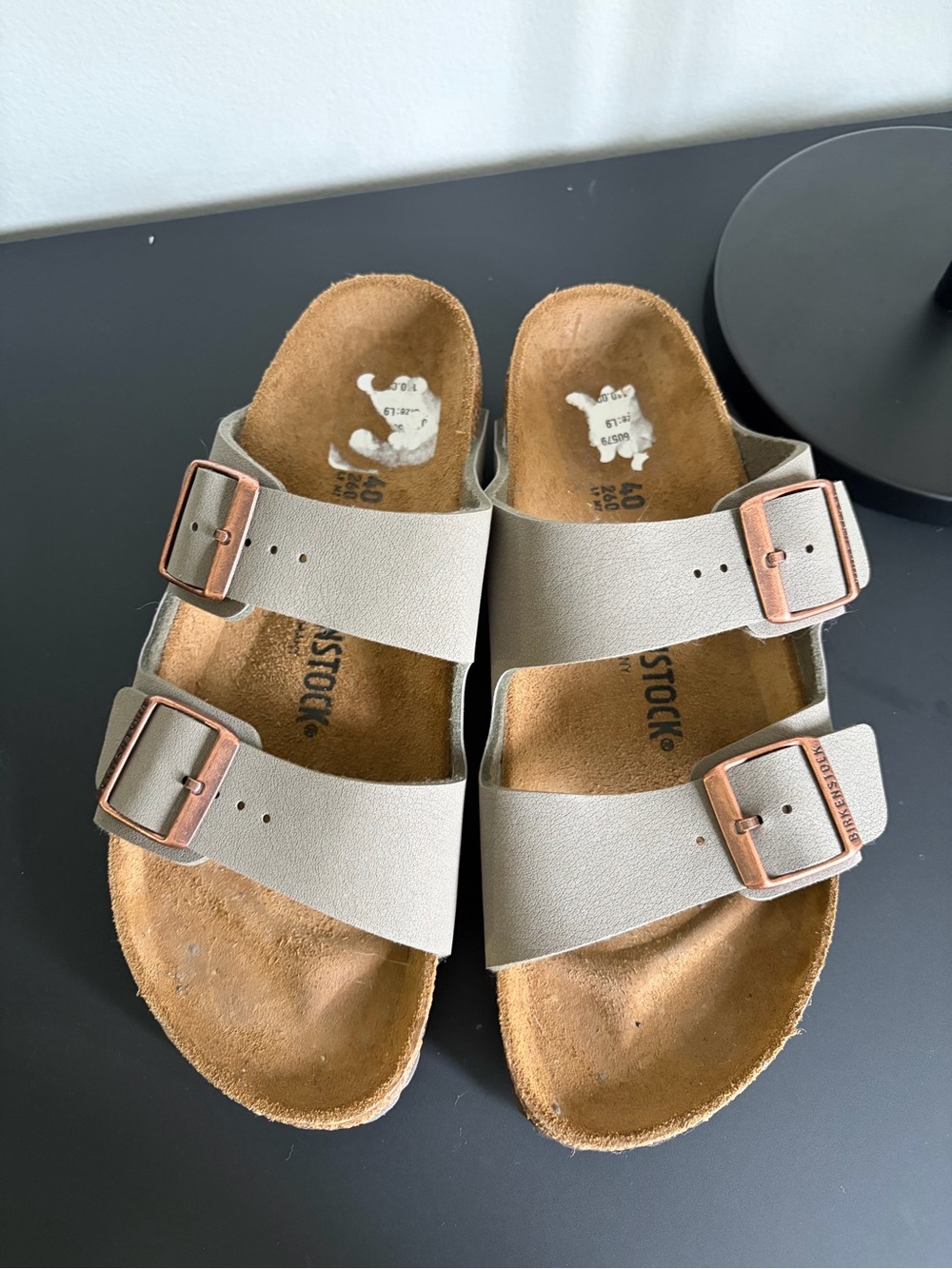 Birkenstock Arizona Double-Strap Sandals in Taupe with Rose Gold Buckles